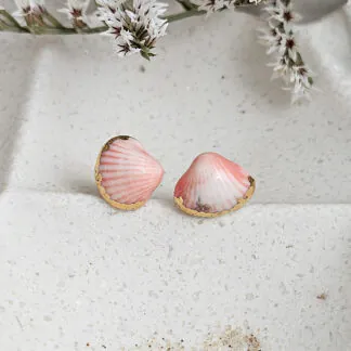 Rose pink fine ceramic porcelain hypoallergenic stud designer earrings for sensitive ears - authentic Mediterranean shell imprints with 22k gold plating