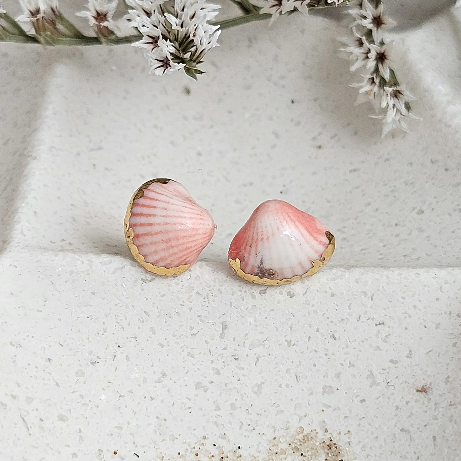 Rose pink fine ceramic porcelain hypoallergenic stud designer earrings for sensitive ears - authentic Mediterranean shell imprints with 22k gold plating