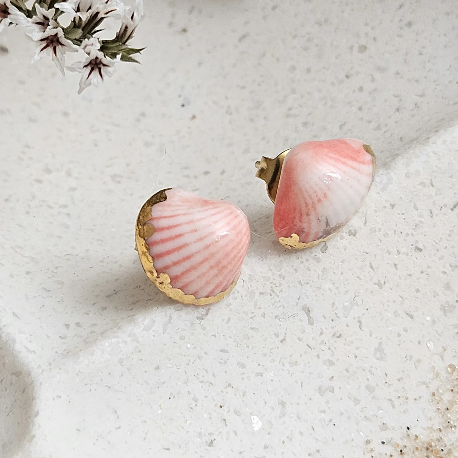 Rose pink fine ceramic porcelain hypoallergenic stud designer earrings for sensitive ears - authentic Mediterranean shell imprints with 22k gold plating - Image 2