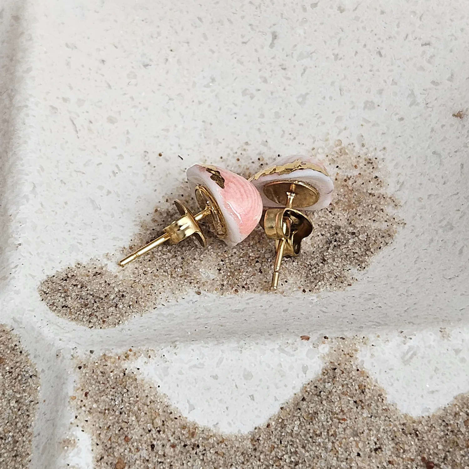 Rose pink fine ceramic porcelain hypoallergenic stud designer earrings for sensitive ears - authentic Mediterranean shell imprints with 22k gold plating - Image 3