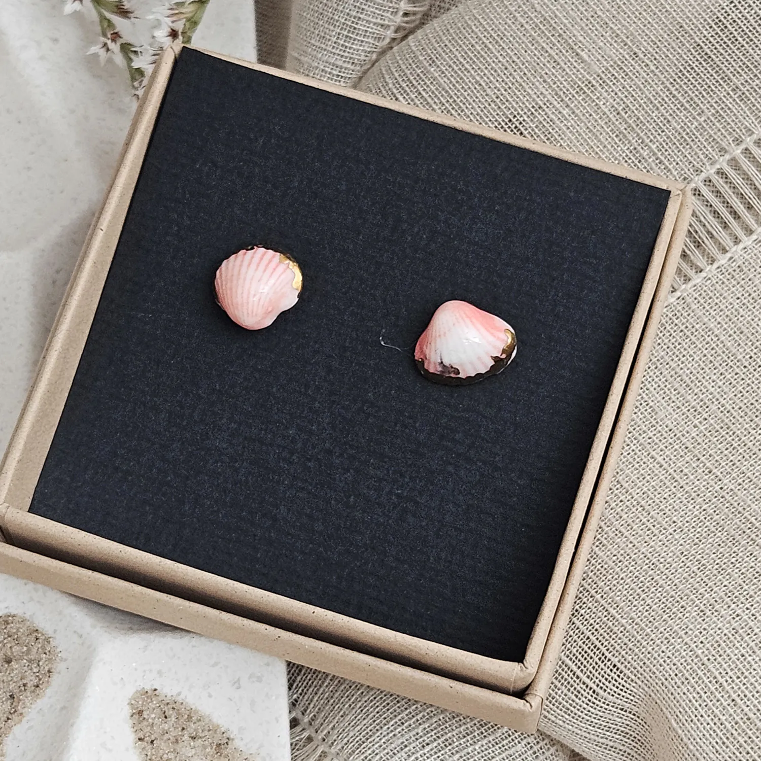 Rose pink fine ceramic porcelain hypoallergenic stud designer earrings for sensitive ears - authentic Mediterranean shell imprints with 22k gold plating - Image 4