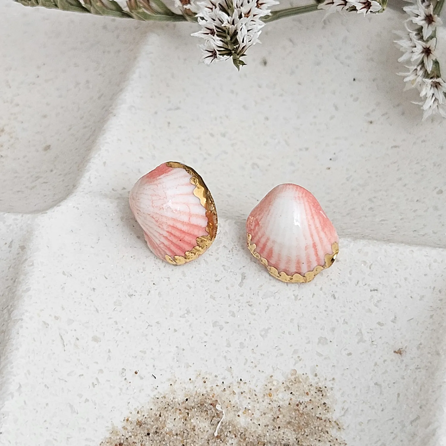 Rose pink fine ceramic porcelain hypoallergenic stud designer earrings for sensitive ears - authentic Mediterranean shell imprints with 22k gold plating