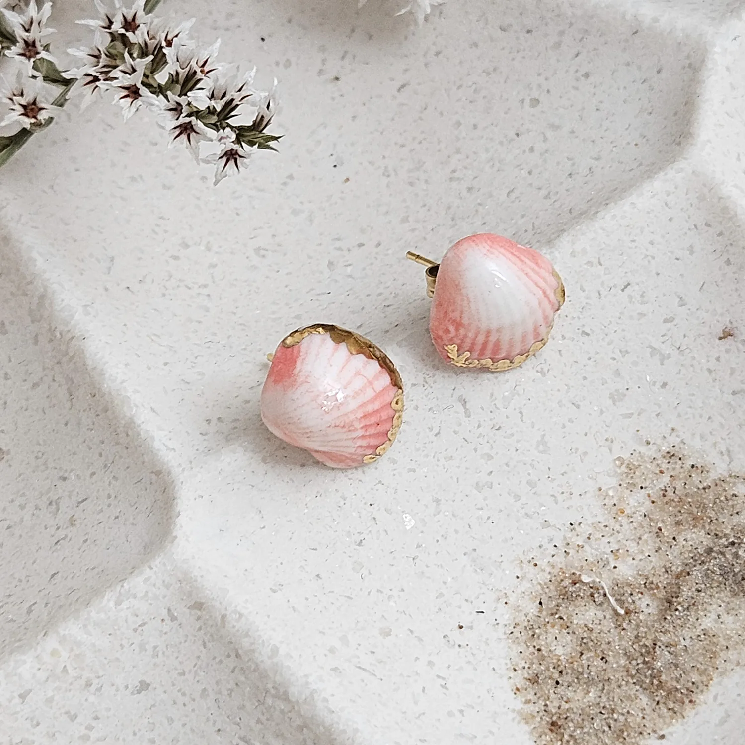 Rose pink fine ceramic porcelain hypoallergenic stud designer earrings for sensitive ears - authentic Mediterranean shell imprints with 22k gold plating - Image 2