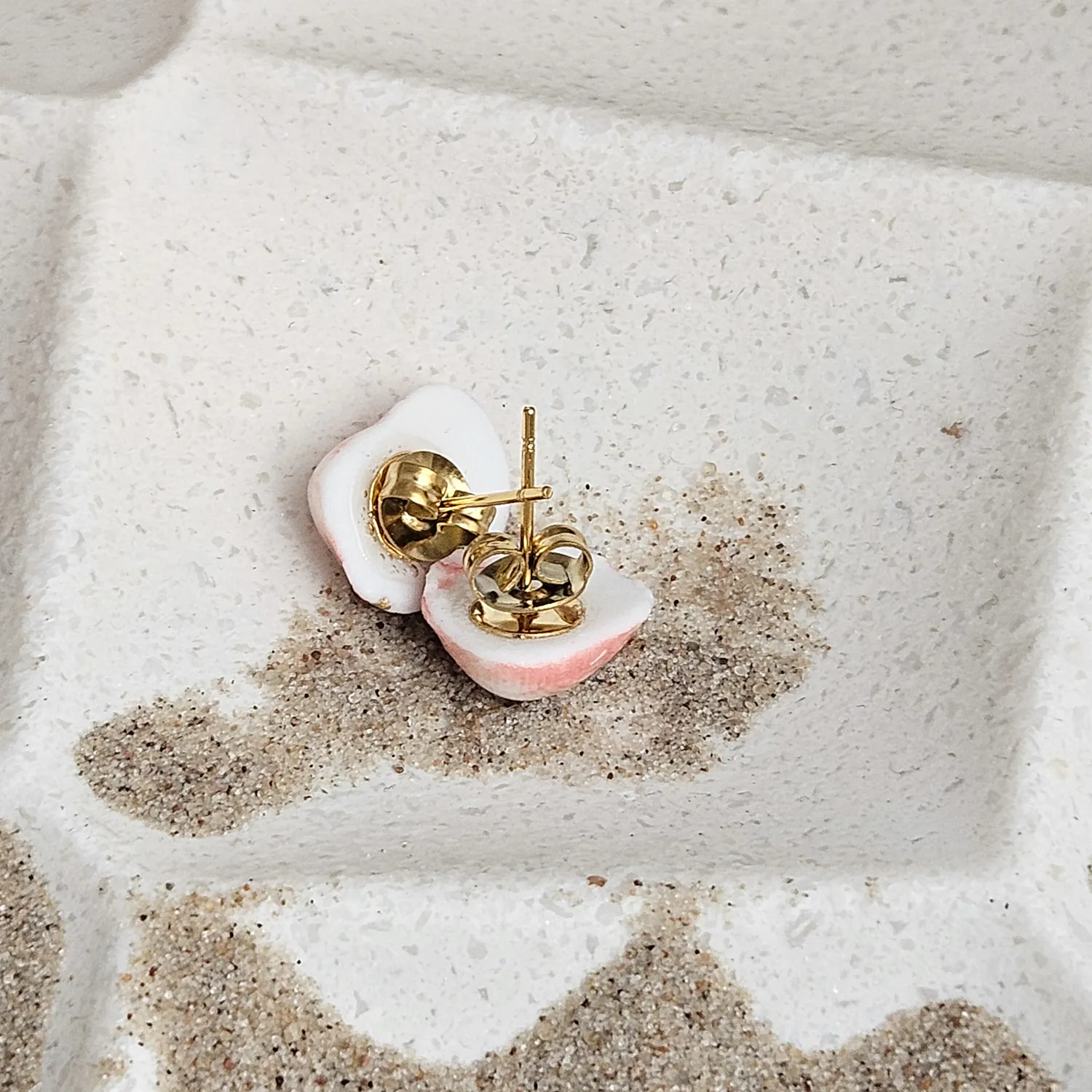 Rose pink fine ceramic porcelain hypoallergenic stud designer earrings for sensitive ears - authentic Mediterranean shell imprints with 22k gold plating - Image 3