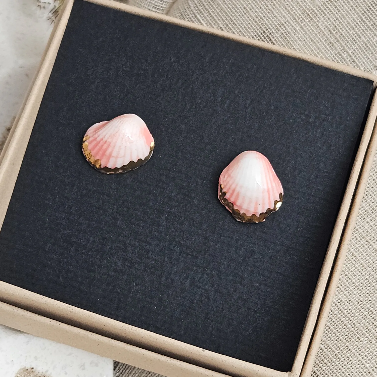 Rose pink fine ceramic porcelain hypoallergenic stud designer earrings for sensitive ears - authentic Mediterranean shell imprints with 22k gold plating - Image 4