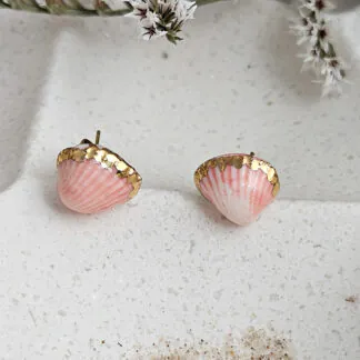 Rose pink fine ceramic porcelain hypoallergenic stud designer earrings for sensitive ears - authentic Mediterranean shell imprints with 22k gold plating