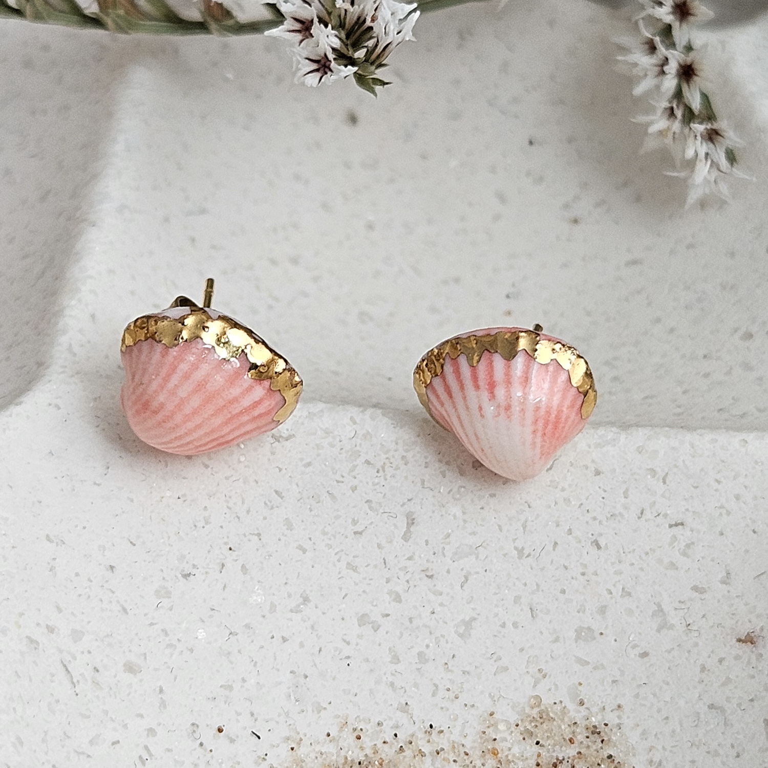 Rose pink fine ceramic porcelain hypoallergenic stud designer earrings for sensitive ears - authentic Mediterranean shell imprints with 22k gold plating