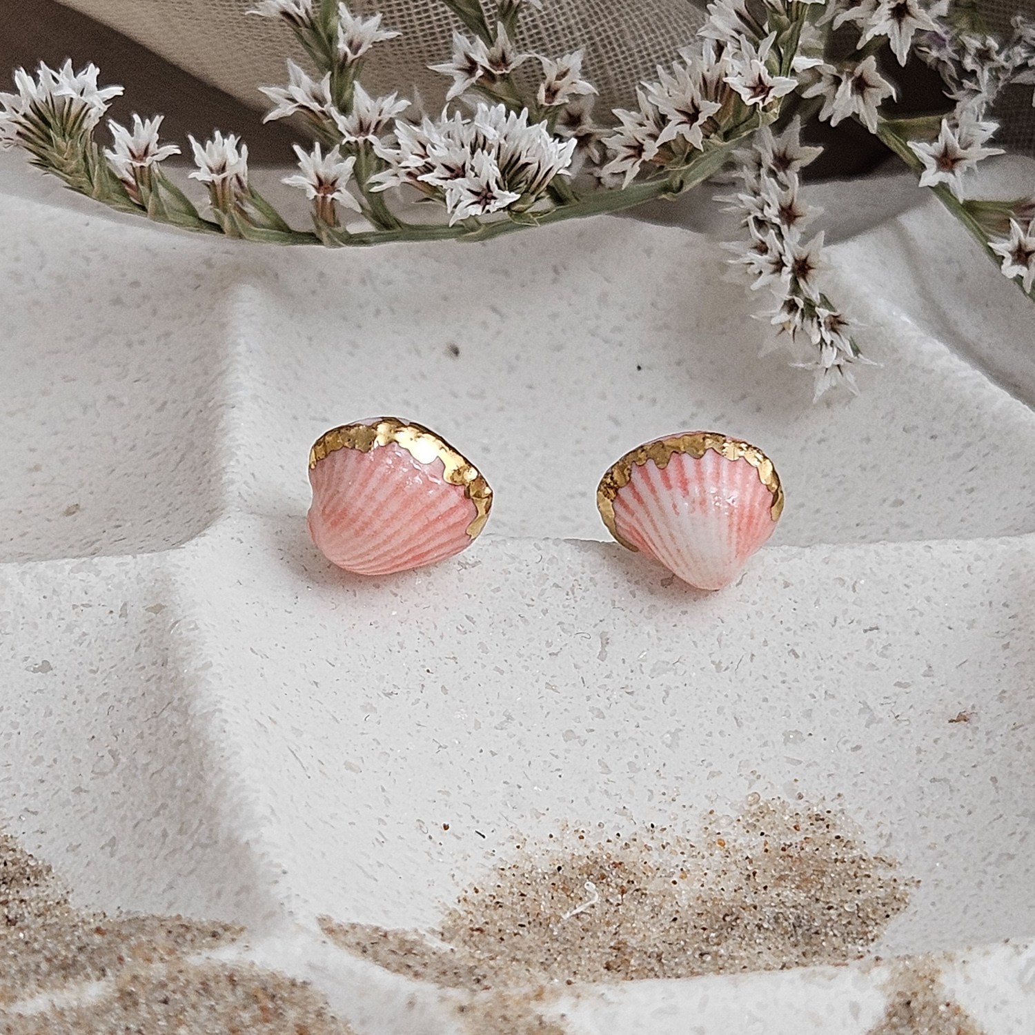 Rose pink fine ceramic porcelain hypoallergenic stud designer earrings for sensitive ears - authentic Mediterranean shell imprints with 22k gold plating - Image 2