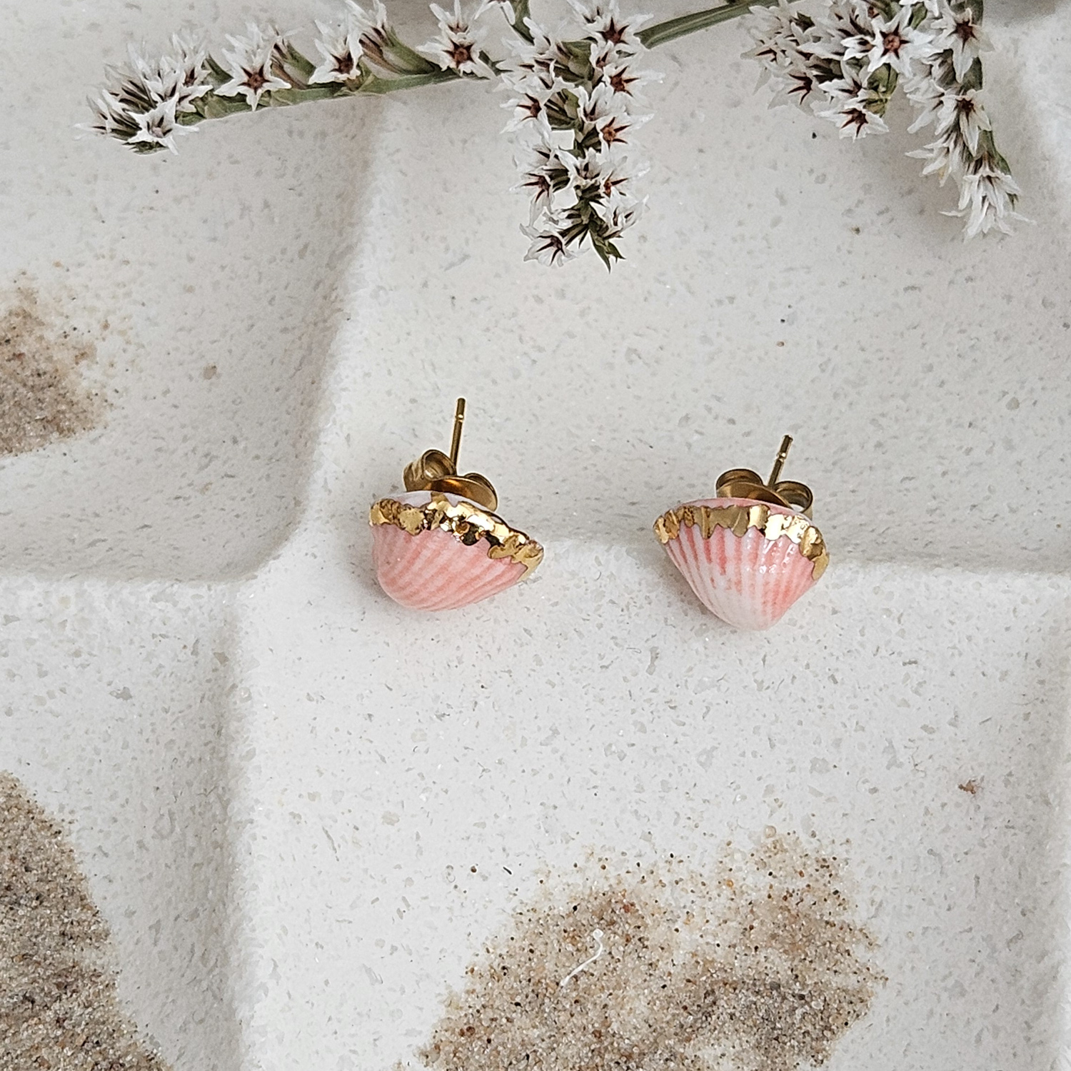 Rose pink fine ceramic porcelain hypoallergenic stud designer earrings for sensitive ears - authentic Mediterranean shell imprints with 22k gold plating - Image 3