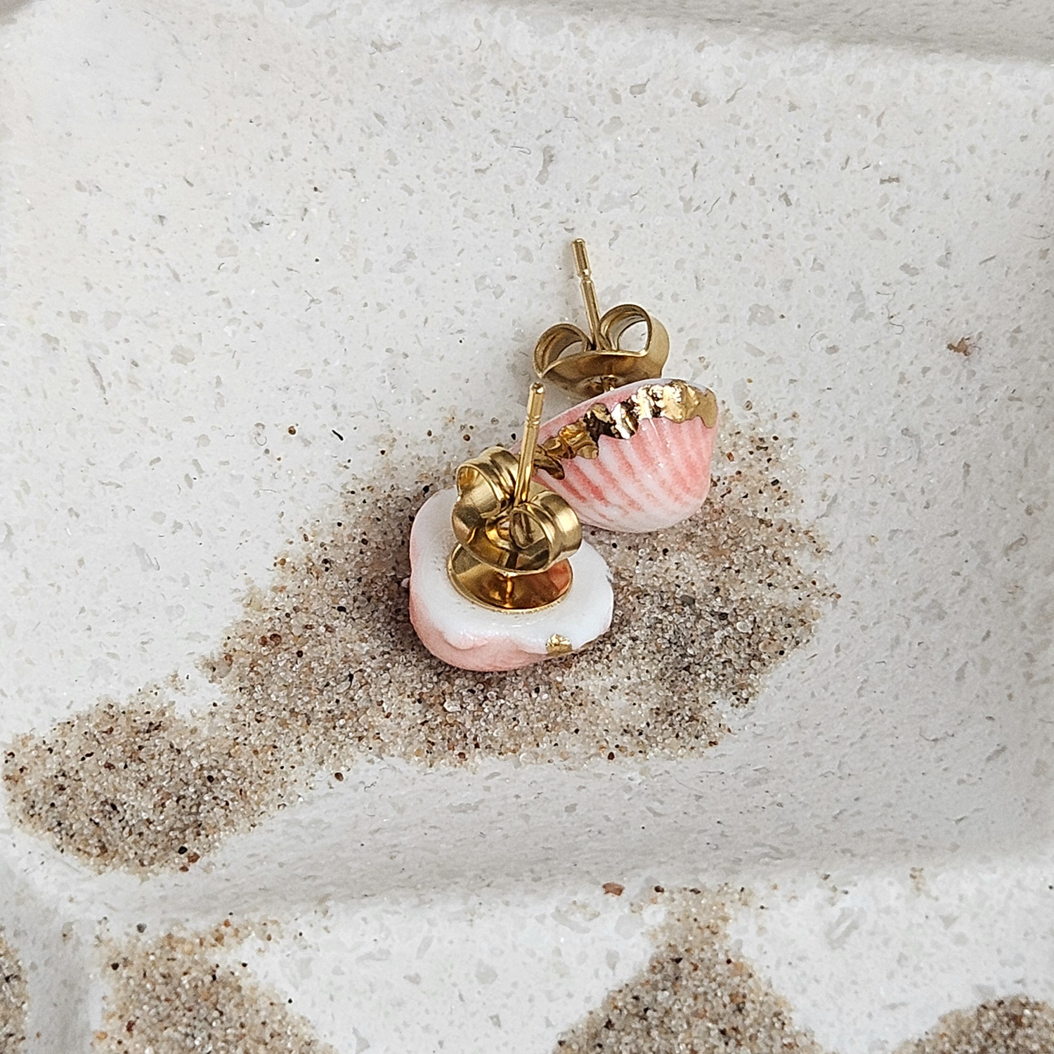 Rose pink fine ceramic porcelain hypoallergenic stud designer earrings for sensitive ears - authentic Mediterranean shell imprints with 22k gold plating - Image 4