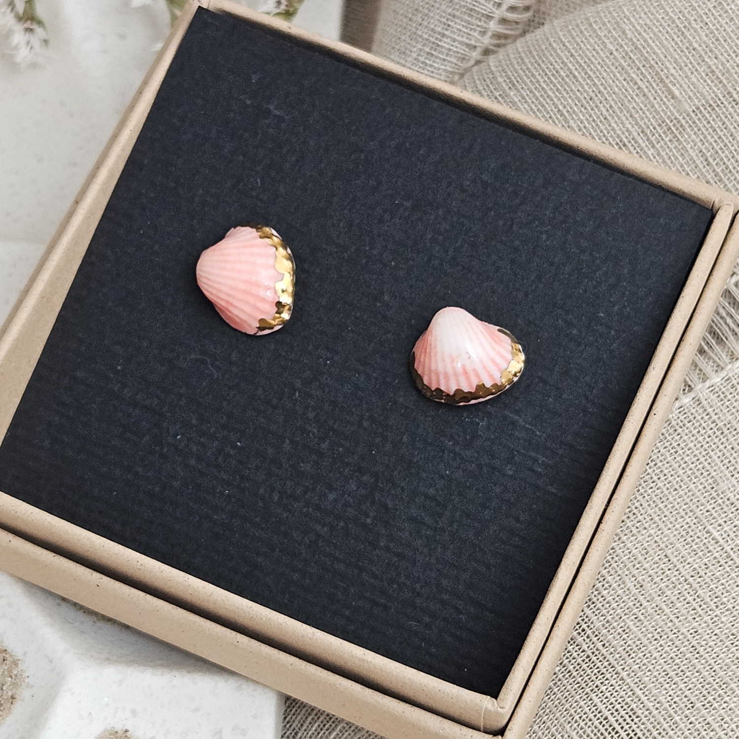 Rose pink fine ceramic porcelain hypoallergenic stud designer earrings for sensitive ears - authentic Mediterranean shell imprints with 22k gold plating - Image 5
