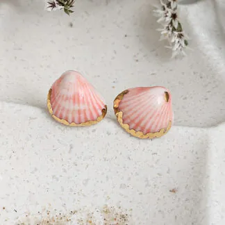 Rose pink fine ceramic porcelain hypoallergenic stud designer earrings for sensitive ears - authentic Mediterranean shell imprints with 22k gold plating