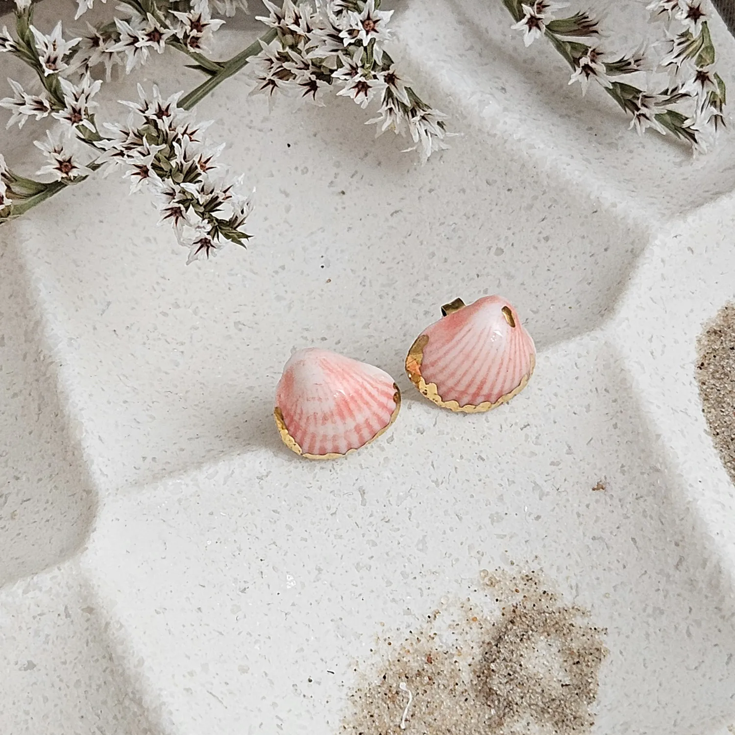 Rose pink fine ceramic porcelain hypoallergenic stud designer earrings for sensitive ears - authentic Mediterranean shell imprints with 22k gold plating - Image 2