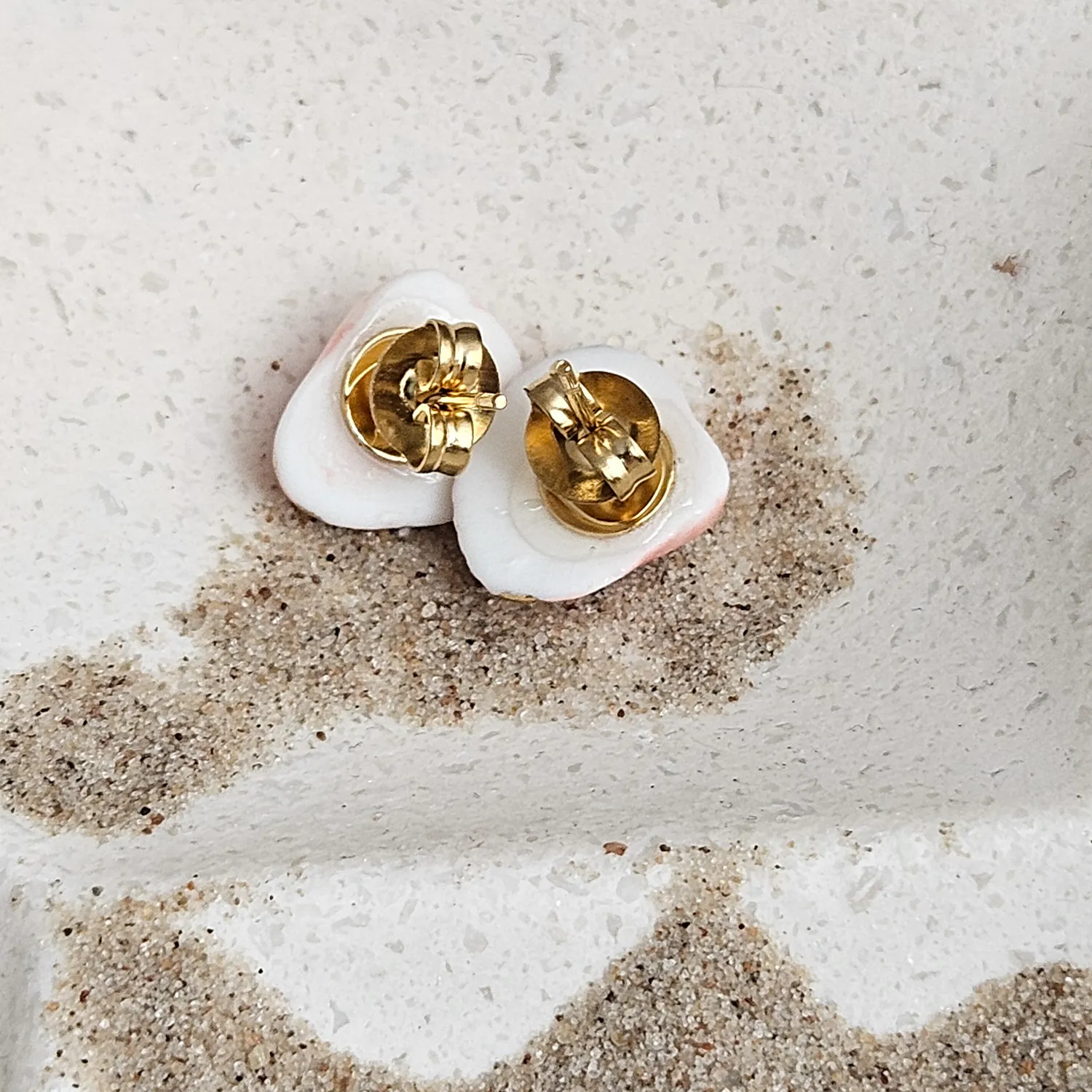 Rose pink fine ceramic porcelain hypoallergenic stud designer earrings for sensitive ears - authentic Mediterranean shell imprints with 22k gold plating - Image 3