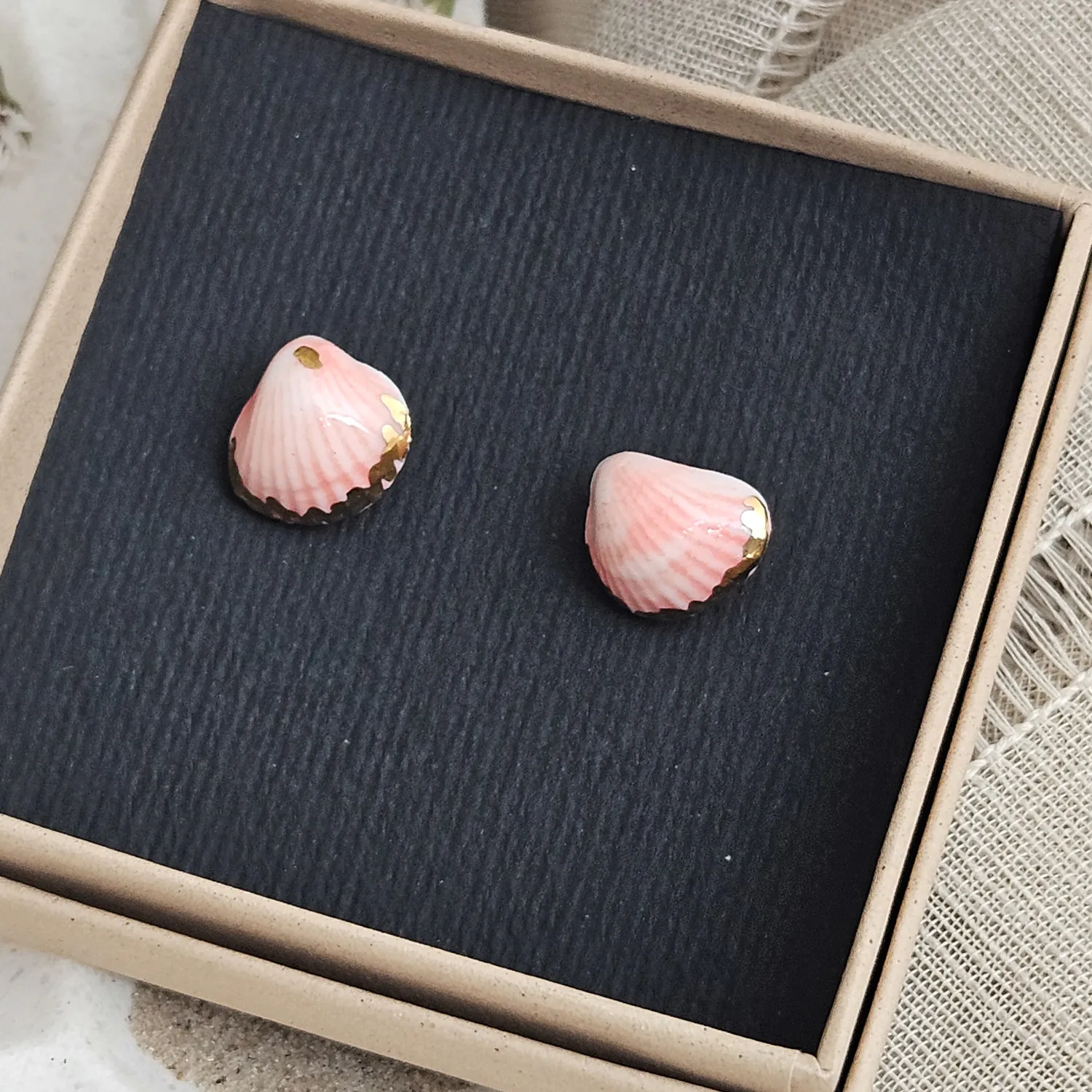 Rose pink fine ceramic porcelain hypoallergenic stud designer earrings for sensitive ears - authentic Mediterranean shell imprints with 22k gold plating - Image 4