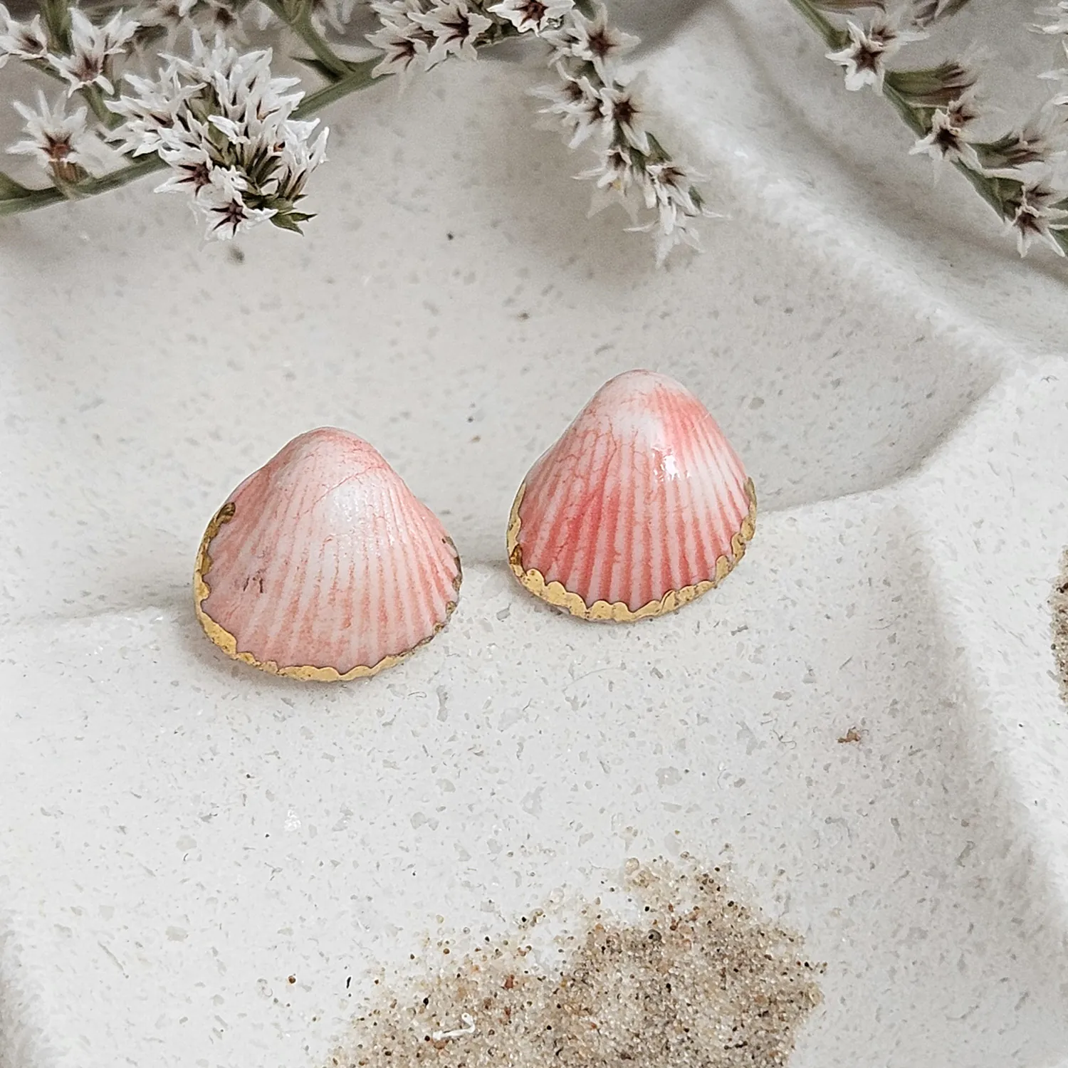 Rose pink fine ceramic porcelain hypoallergenic stud designer earrings for sensitive ears - authentic Mediterranean shell imprints with 22k gold plating