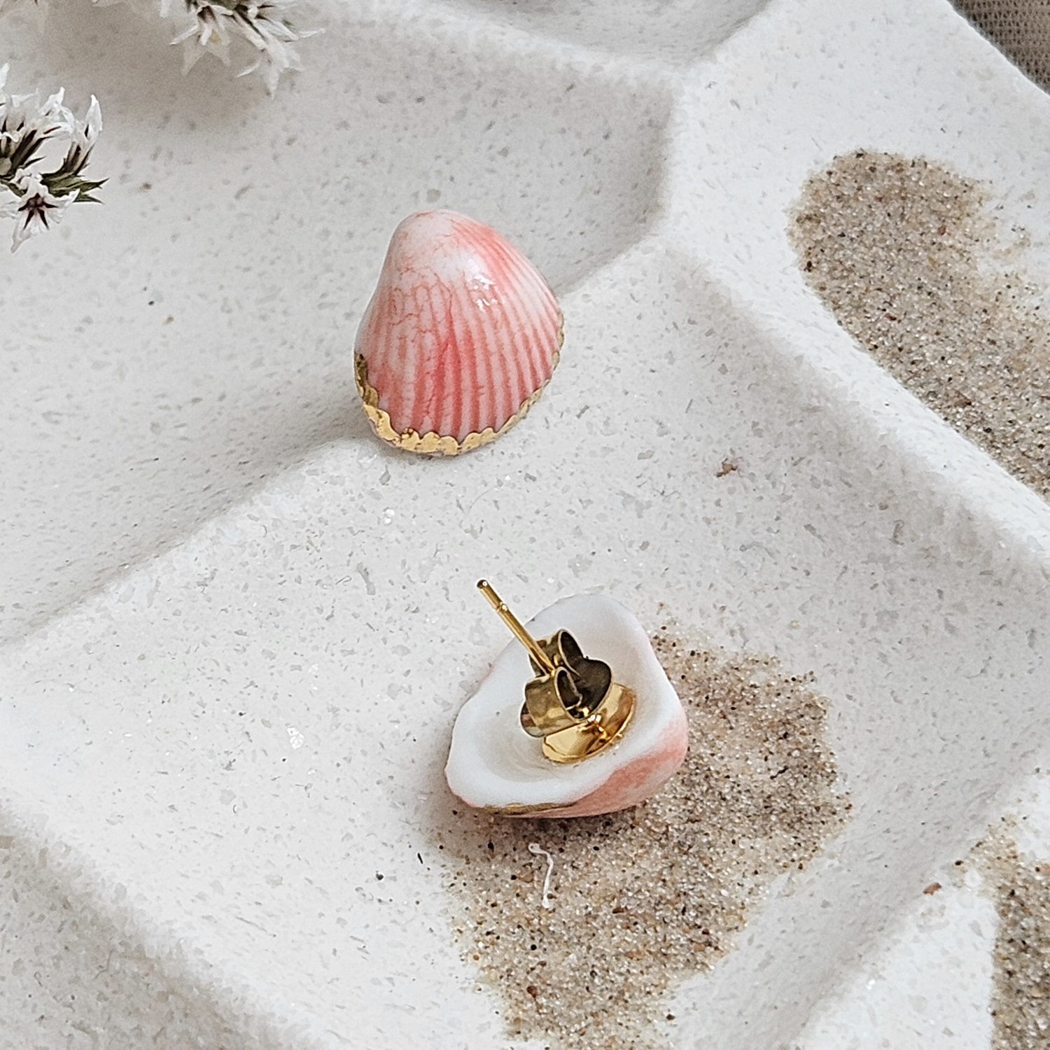 Rose pink fine ceramic porcelain hypoallergenic stud designer earrings for sensitive ears - authentic Mediterranean shell imprints with 22k gold plating - obrazek 2