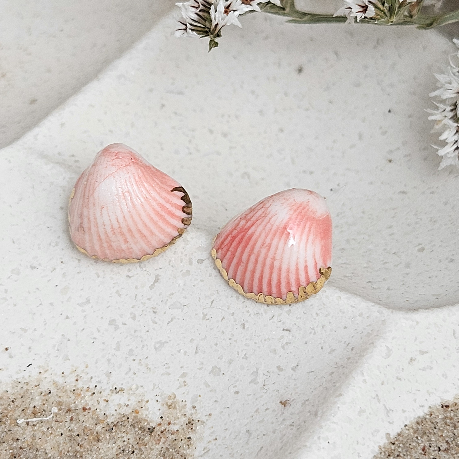 Rose pink fine ceramic porcelain hypoallergenic stud designer earrings for sensitive ears - authentic Mediterranean shell imprints with 22k gold plating - obrazek 3