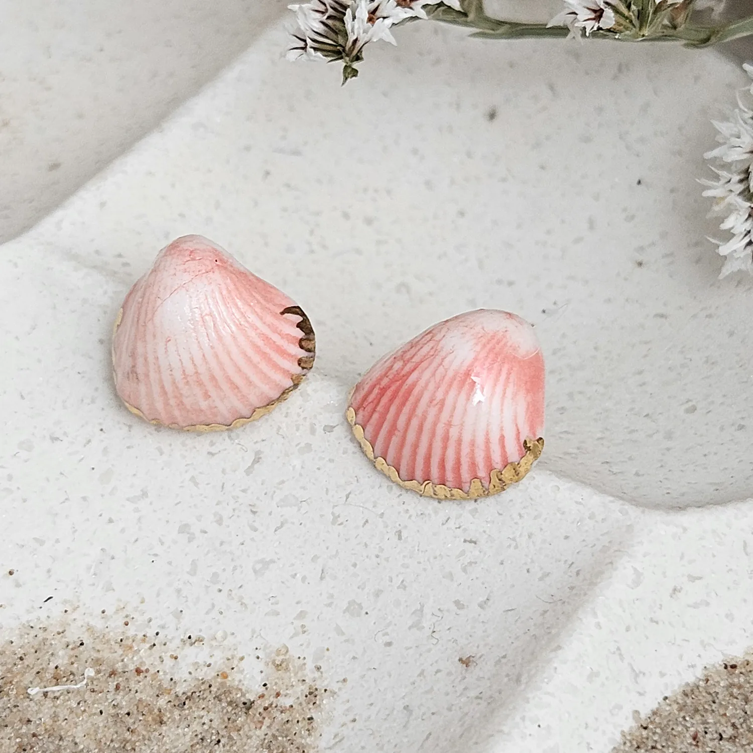 Rose pink fine ceramic porcelain hypoallergenic stud designer earrings for sensitive ears - authentic Mediterranean shell imprints with 22k gold plating - Image 3