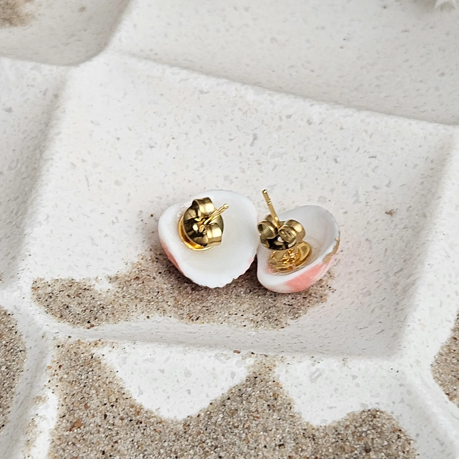 Rose pink fine ceramic porcelain hypoallergenic stud designer earrings for sensitive ears - authentic Mediterranean shell imprints with 22k gold plating - Image 4