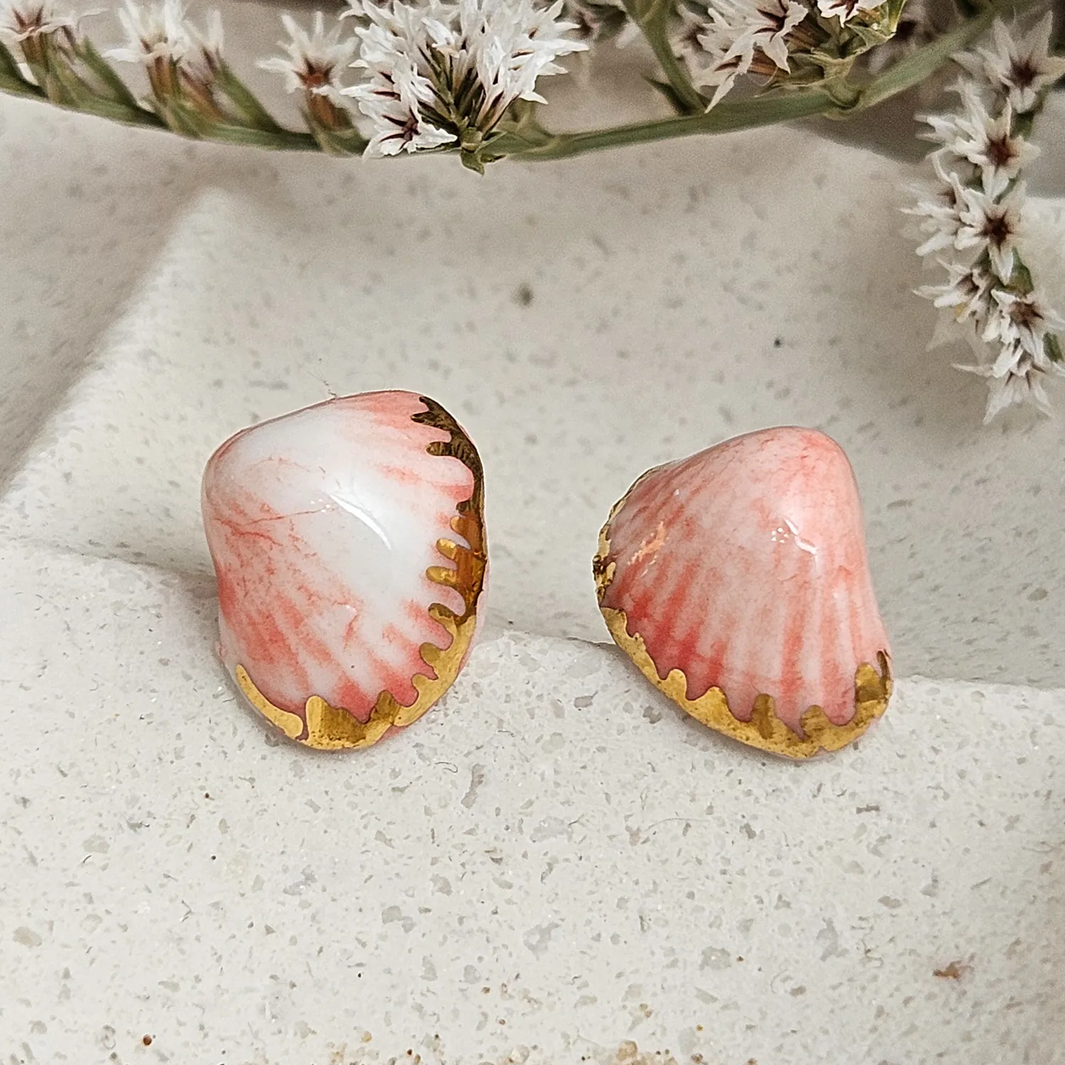 Rose pink fine ceramic porcelain hypoallergenic stud designer earrings for sensitive ears - authentic Mediterranean shell imprints with 22k gold plating