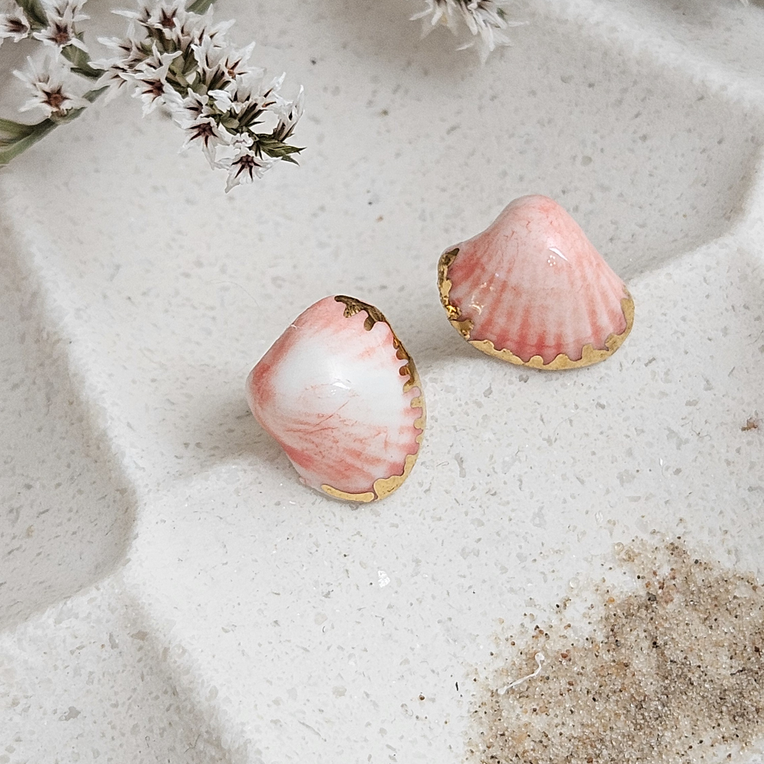 Rose pink fine ceramic porcelain hypoallergenic stud designer earrings for sensitive ears - authentic Mediterranean shell imprints with 22k gold plating - obrazek 2
