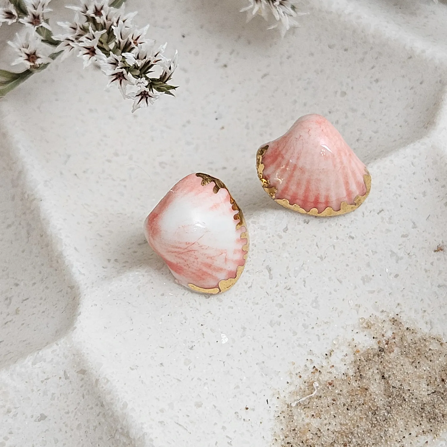 Rose pink fine ceramic porcelain hypoallergenic stud designer earrings for sensitive ears - authentic Mediterranean shell imprints with 22k gold plating - Image 2
