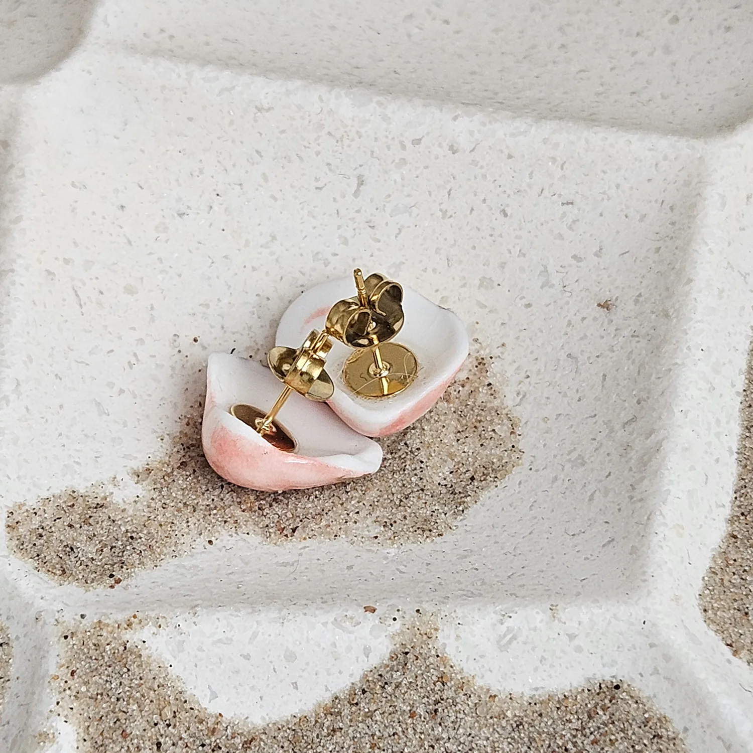 Rose pink fine ceramic porcelain hypoallergenic stud designer earrings for sensitive ears - authentic Mediterranean shell imprints with 22k gold plating - Image 3