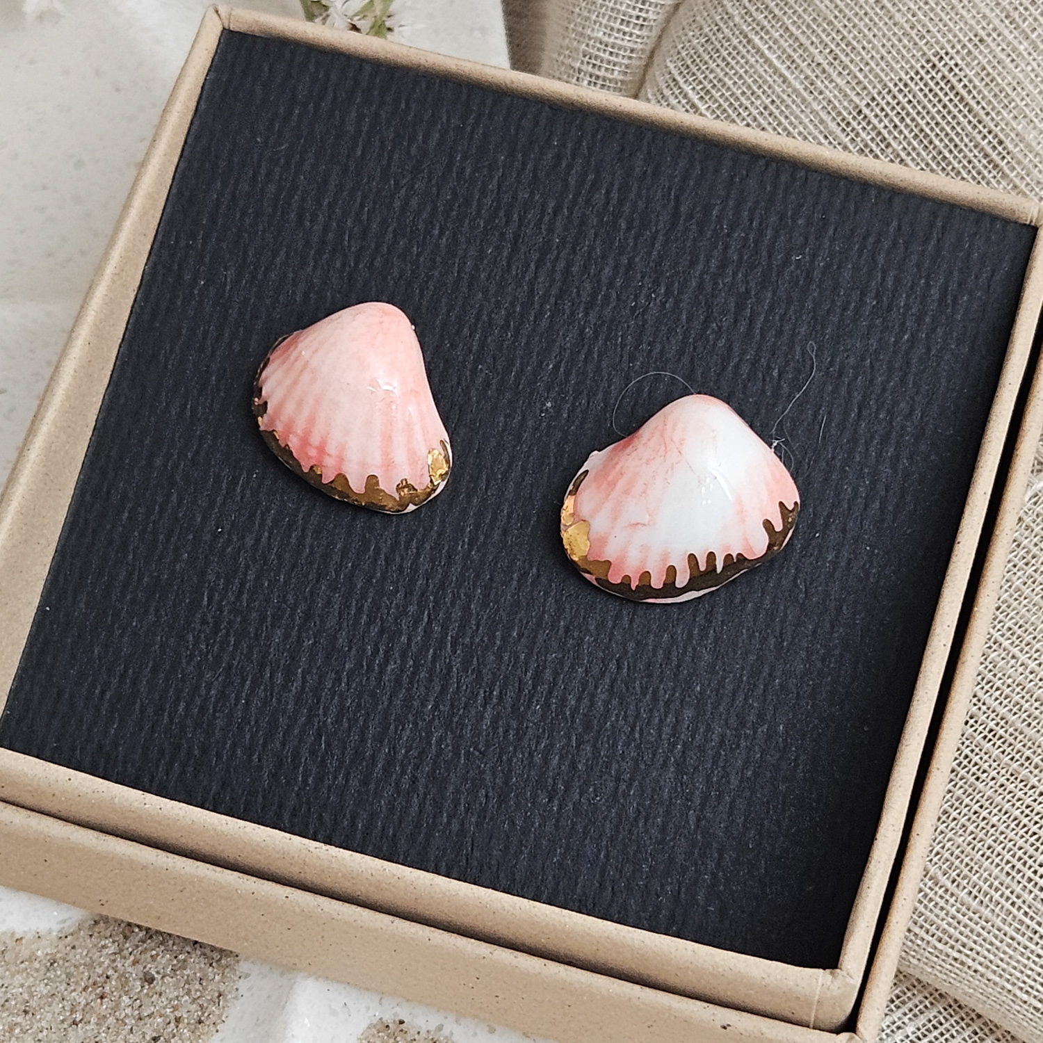 Rose pink fine ceramic porcelain hypoallergenic stud designer earrings for sensitive ears - authentic Mediterranean shell imprints with 22k gold plating - obrazek 4