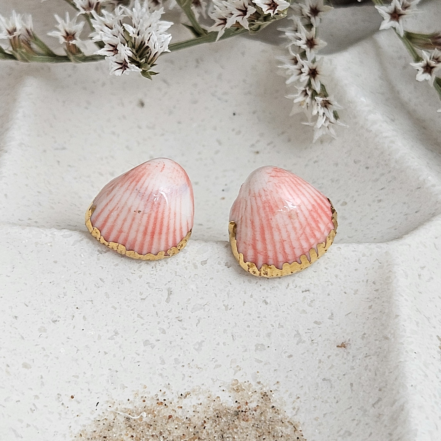 Rose pink fine ceramic porcelain hypoallergenic stud designer earrings for sensitive ears - authentic Mediterranean shell imprints with 22k gold plating