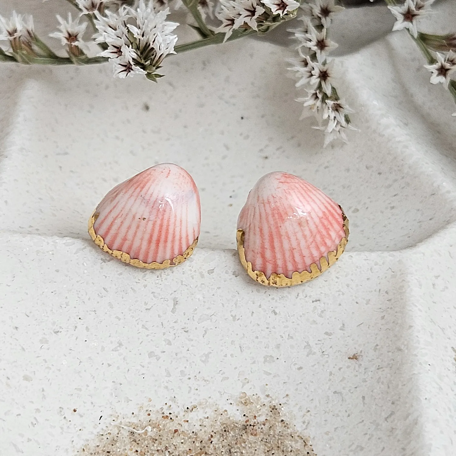 Rose pink fine ceramic porcelain hypoallergenic stud designer earrings for sensitive ears - authentic Mediterranean shell imprints with 22k gold plating