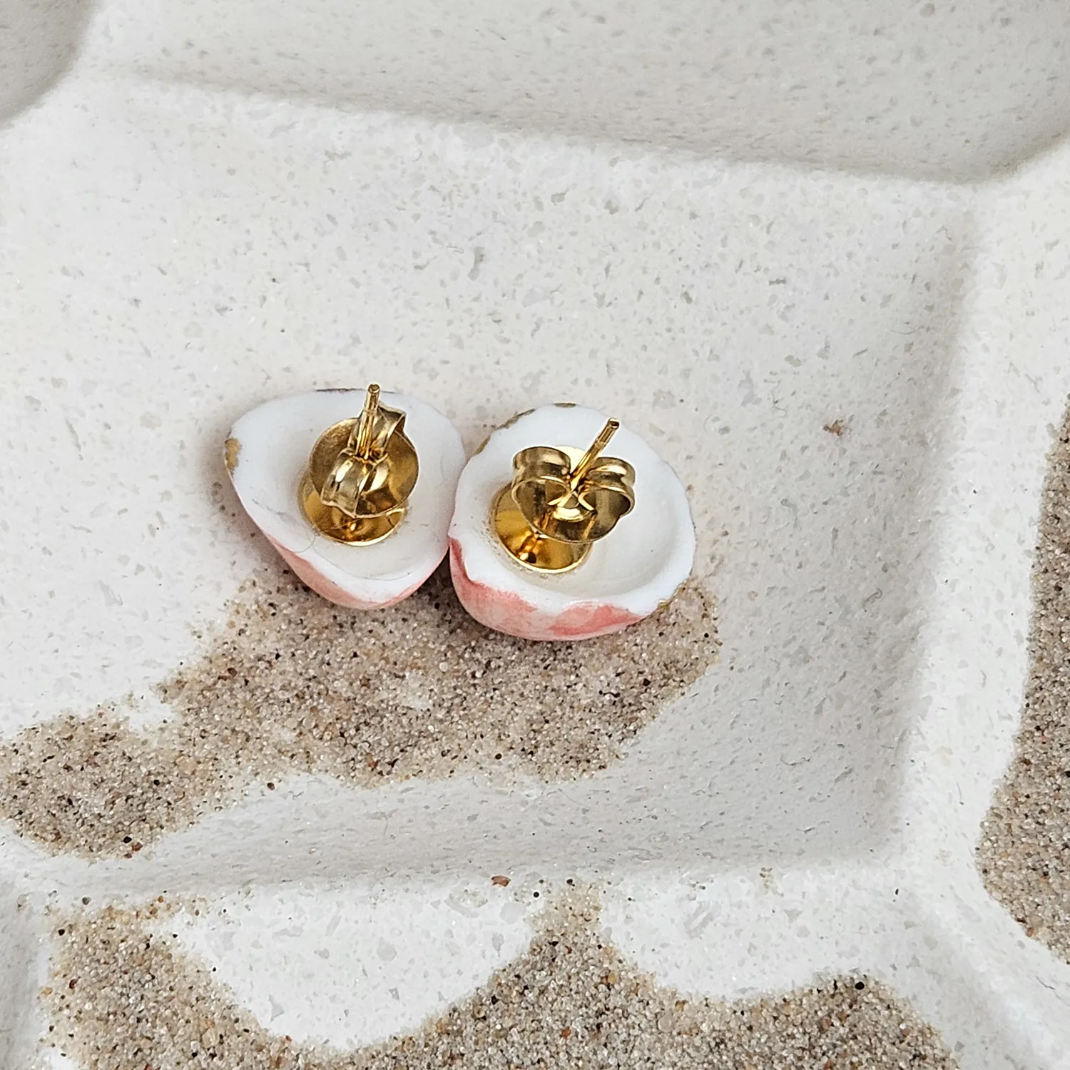 Rose pink fine ceramic porcelain hypoallergenic stud designer earrings for sensitive ears - authentic Mediterranean shell imprints with 22k gold plating - Image 3
