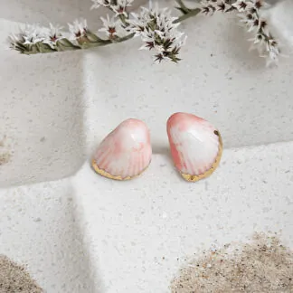 Rose pink fine ceramic porcelain hypoallergenic stud designer earrings for sensitive ears - authentic Mediterranean shell imprints with 22k gold plating