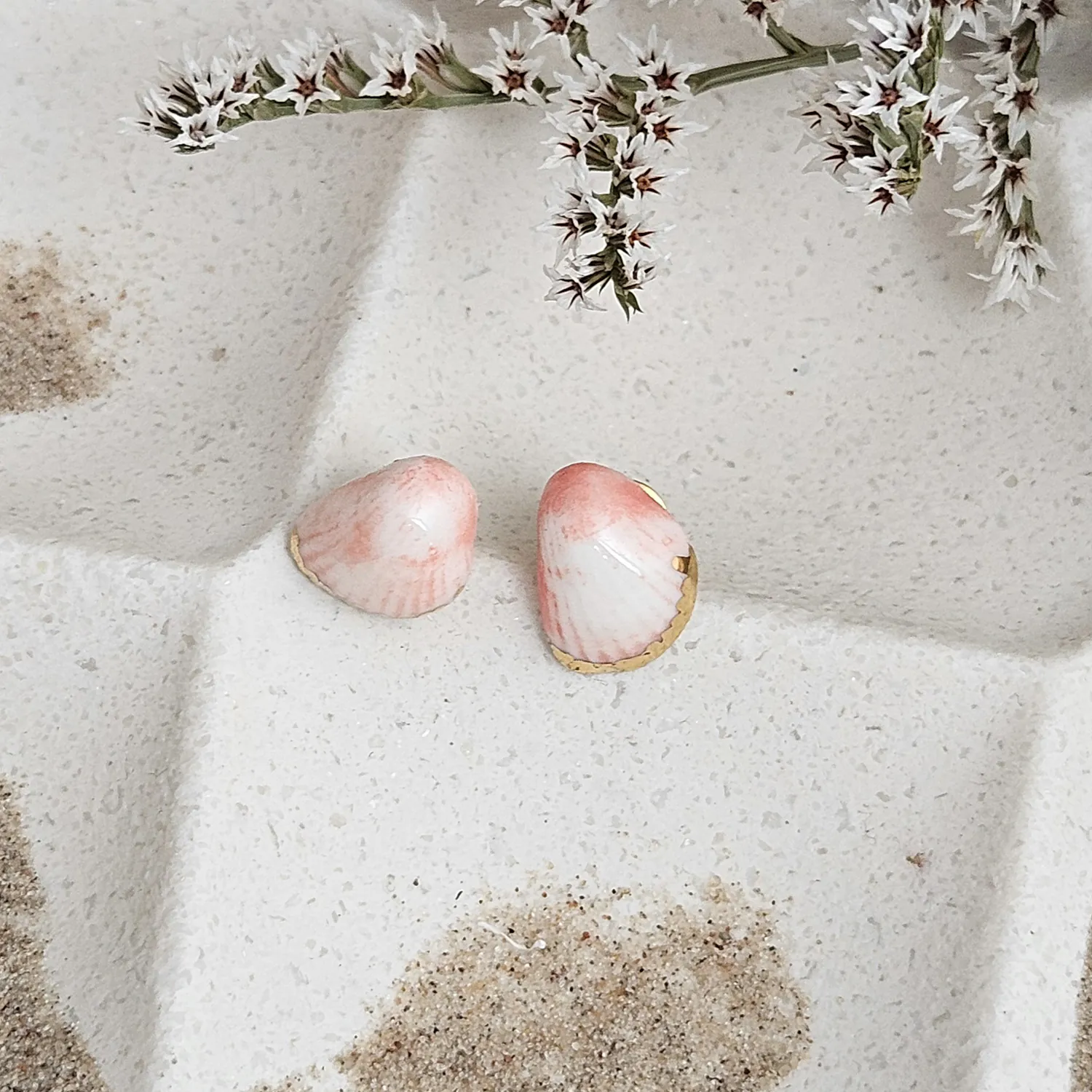 Rose pink fine ceramic porcelain hypoallergenic stud designer earrings for sensitive ears - authentic Mediterranean shell imprints with 22k gold plating - Image 2
