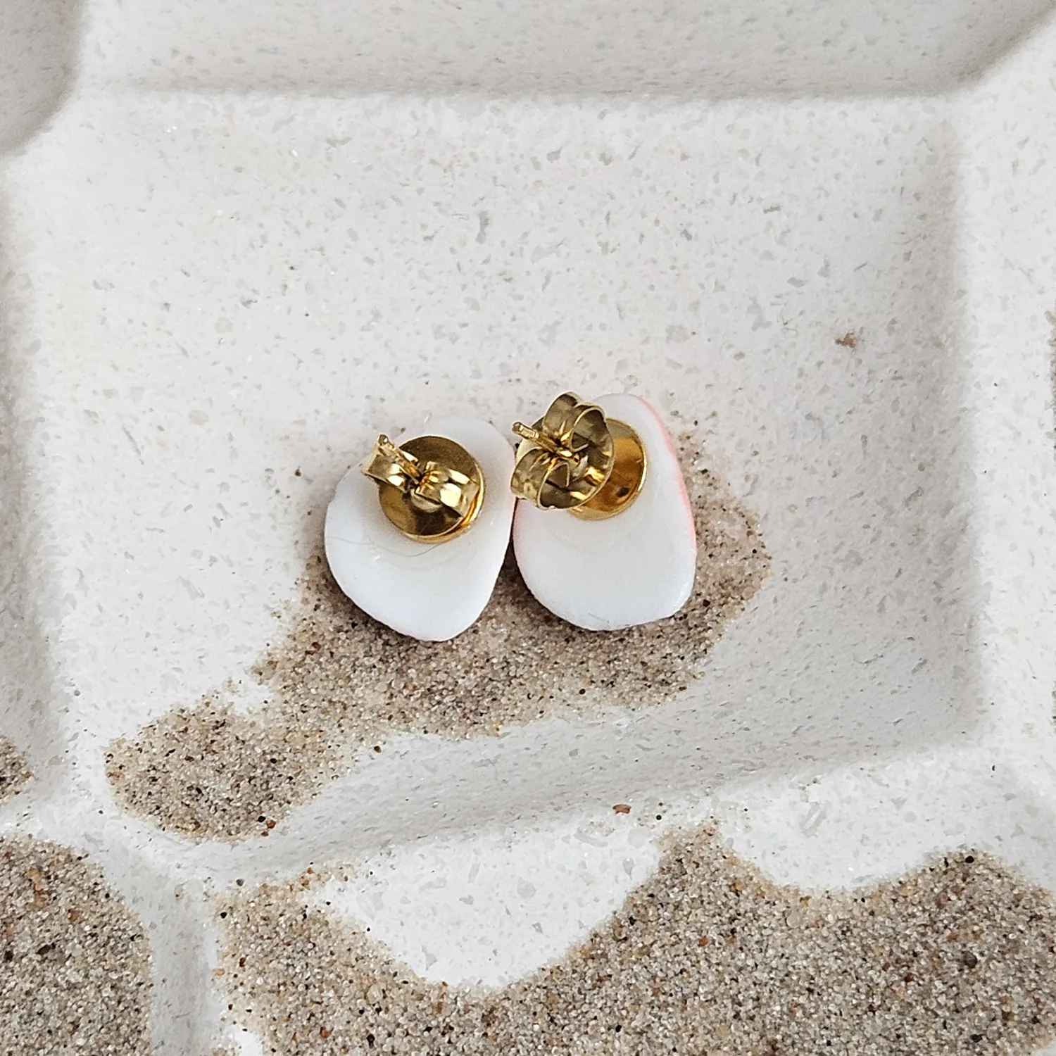 Rose pink fine ceramic porcelain hypoallergenic stud designer earrings for sensitive ears - authentic Mediterranean shell imprints with 22k gold plating - Image 3