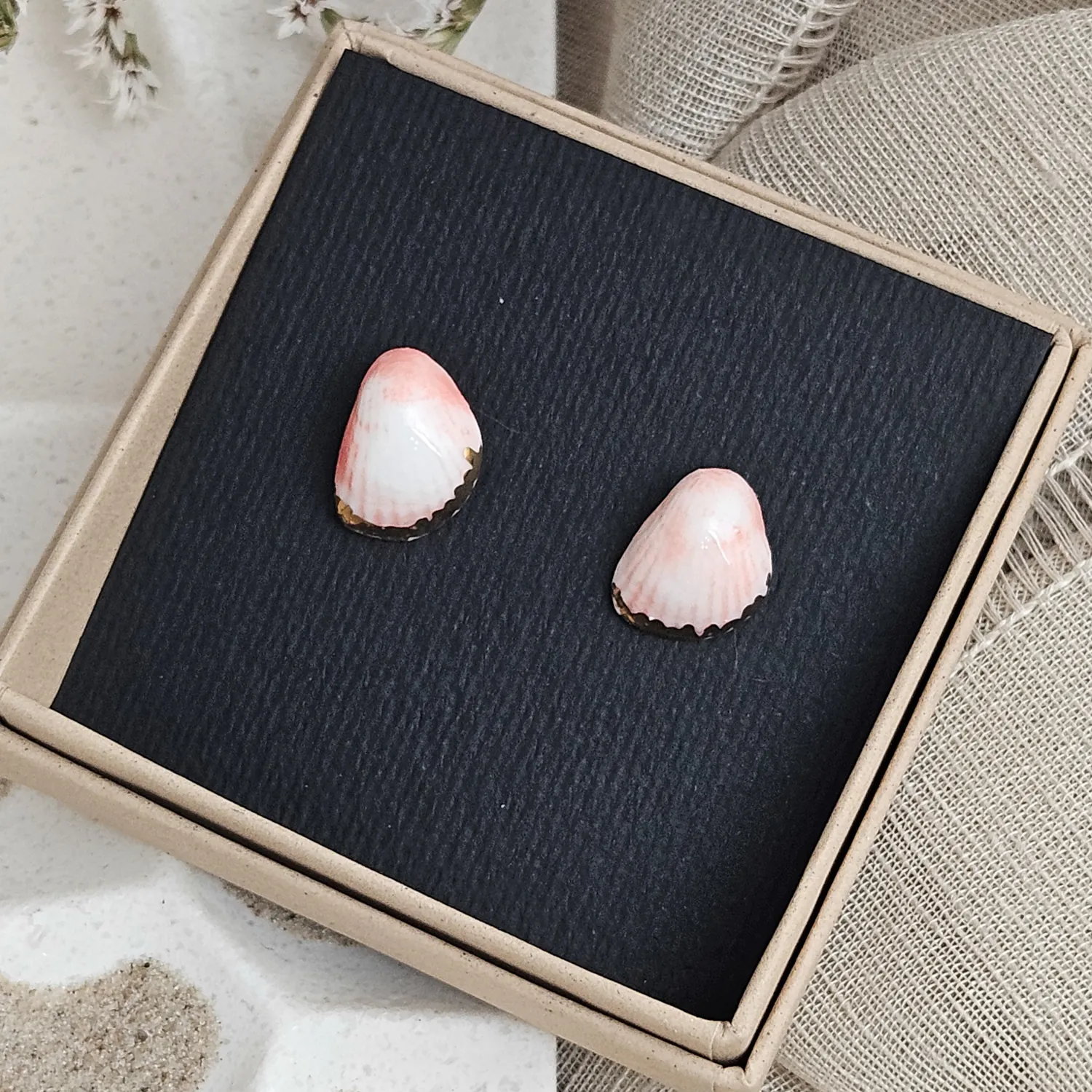 Rose pink fine ceramic porcelain hypoallergenic stud designer earrings for sensitive ears - authentic Mediterranean shell imprints with 22k gold plating - Image 4