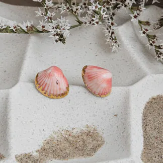 Rose pink fine ceramic porcelain hypoallergenic stud designer earrings for sensitive ears - authentic Mediterranean shell imprints with 22k gold plating