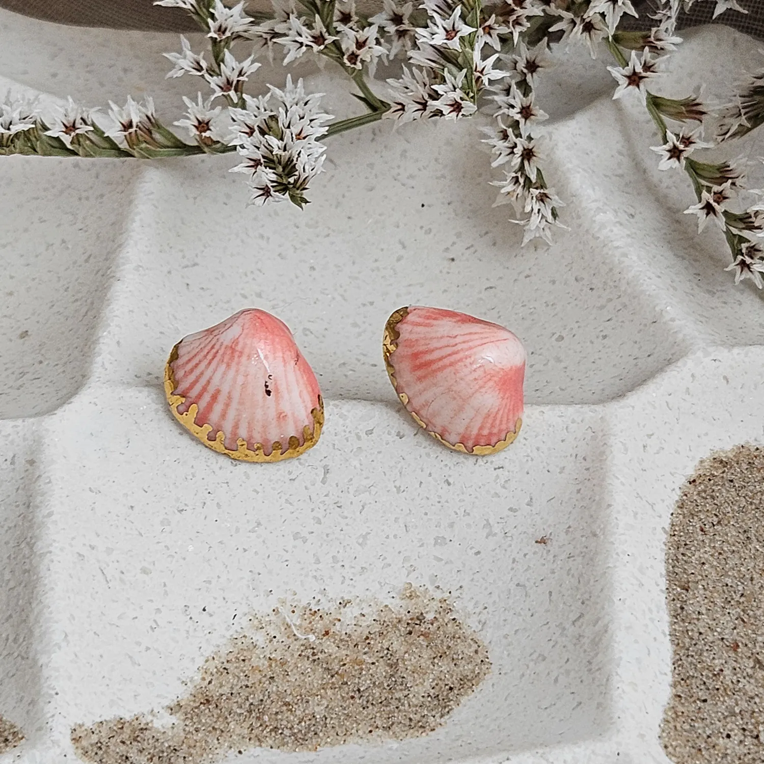 Rose pink fine ceramic porcelain hypoallergenic stud designer earrings for sensitive ears - authentic Mediterranean shell imprints with 22k gold plating