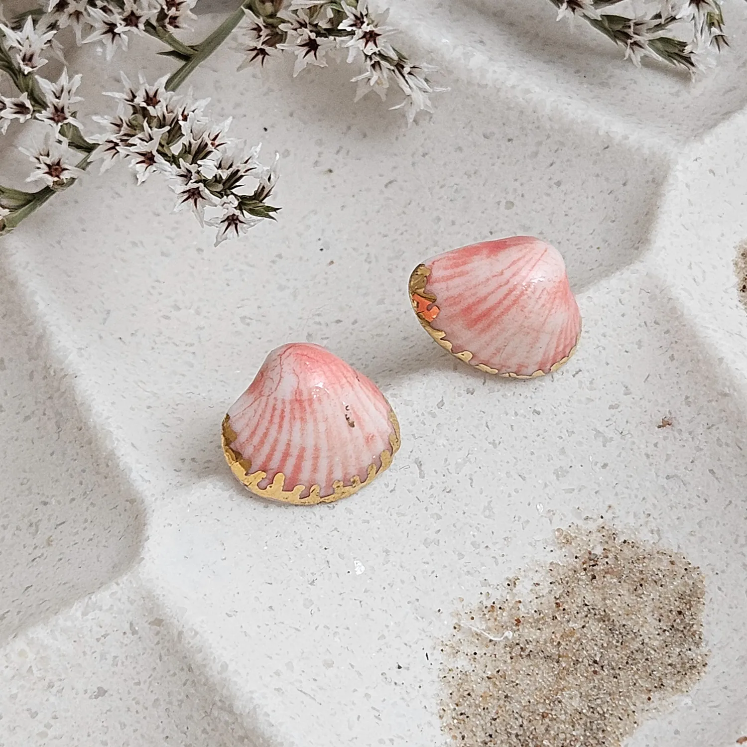 Rose pink fine ceramic porcelain hypoallergenic stud designer earrings for sensitive ears - authentic Mediterranean shell imprints with 22k gold plating - Image 2