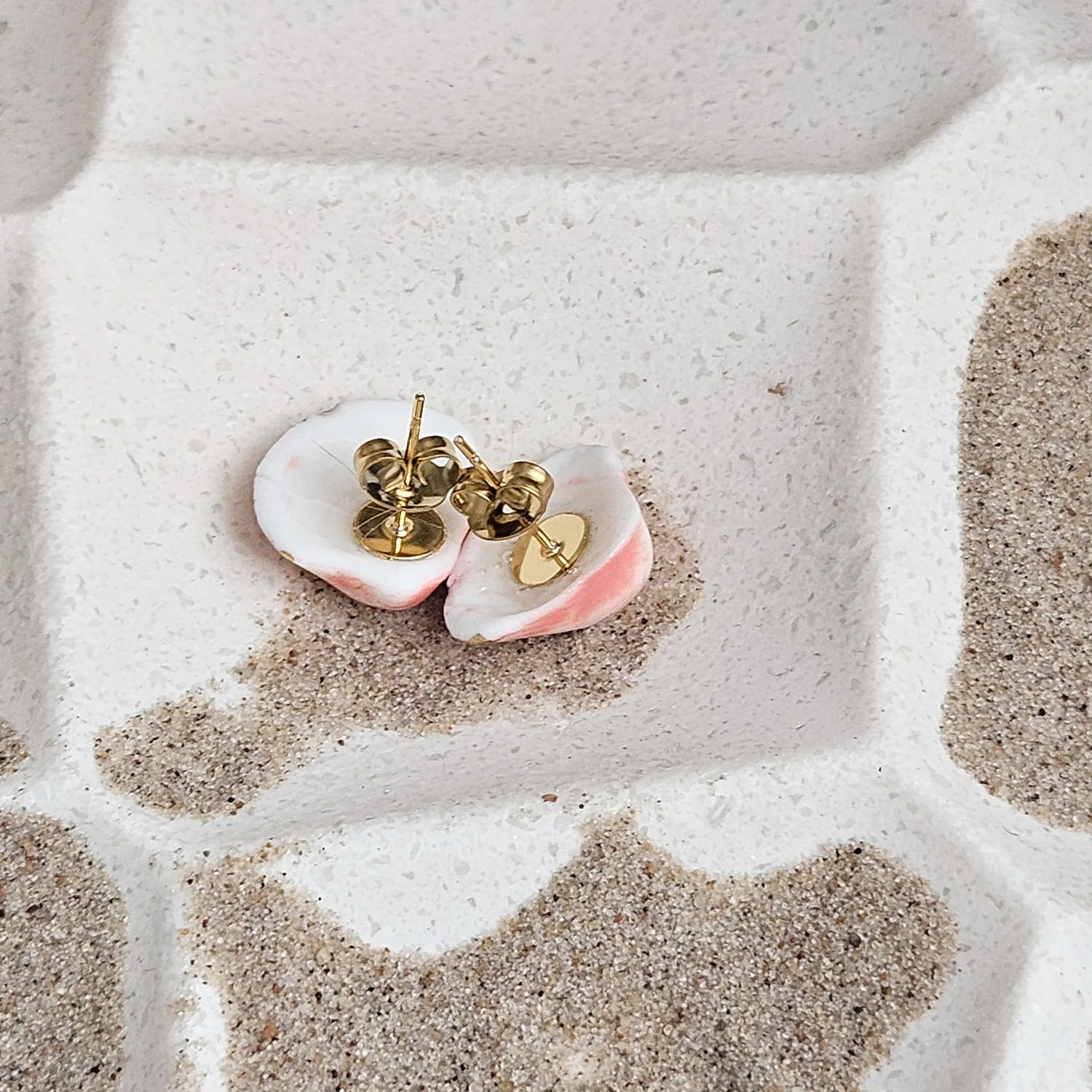 Rose pink fine ceramic porcelain hypoallergenic stud designer earrings for sensitive ears - authentic Mediterranean shell imprints with 22k gold plating - Image 3