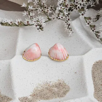 Rose pink fine ceramic porcelain hypoallergenic stud designer earrings for sensitive ears - authentic Mediterranean shell imprints with 22k gold plating