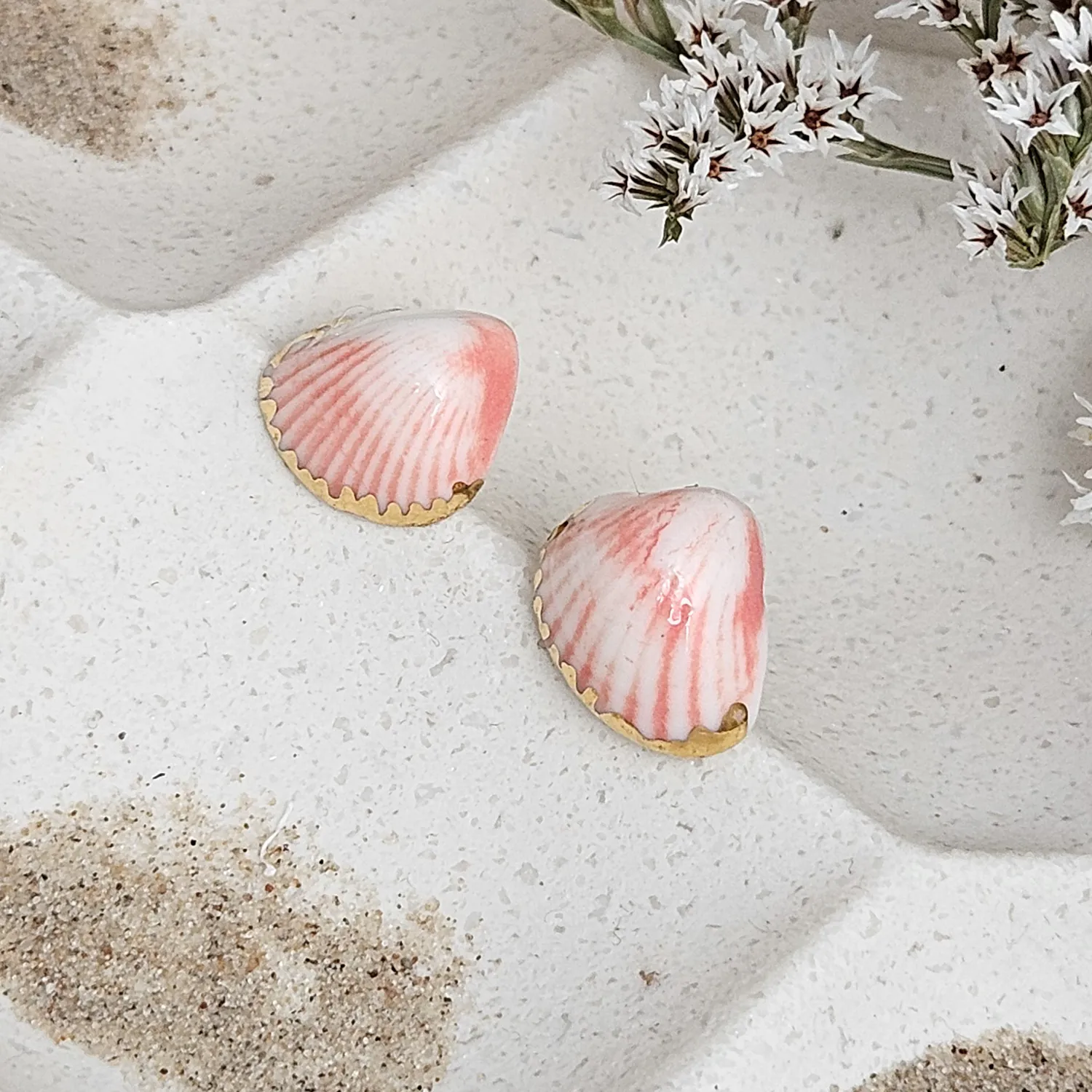 Rose pink fine ceramic porcelain hypoallergenic stud designer earrings for sensitive ears - authentic Mediterranean shell imprints with 22k gold plating - Image 2