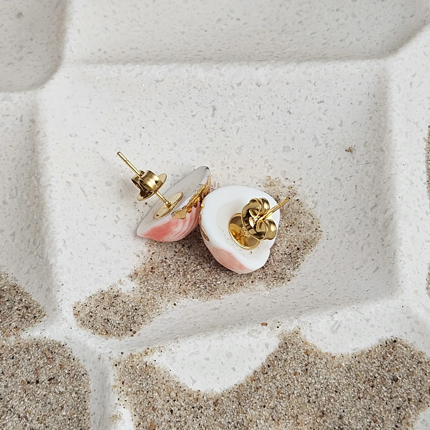 Rose pink fine ceramic porcelain hypoallergenic stud designer earrings for sensitive ears - authentic Mediterranean shell imprints with 22k gold plating - Image 3