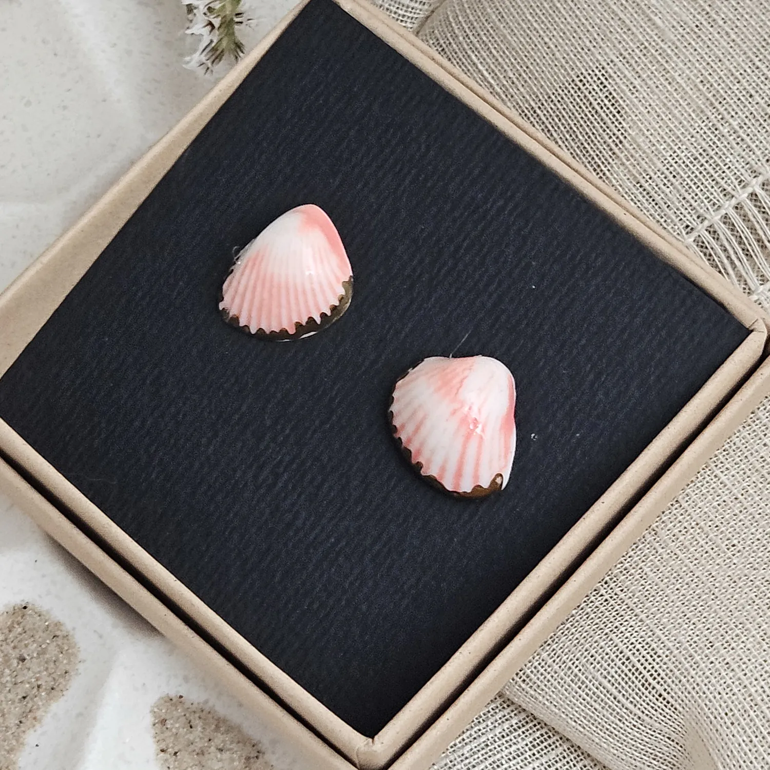 Rose pink fine ceramic porcelain hypoallergenic stud designer earrings for sensitive ears - authentic Mediterranean shell imprints with 22k gold plating - Image 4