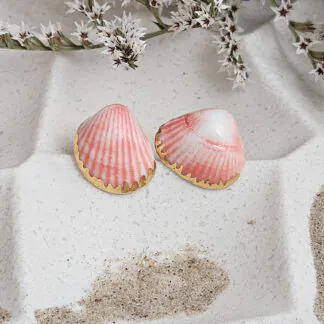 Rose pink fine ceramic porcelain hypoallergenic stud designer earrings for sensitive ears - authentic Mediterranean shell imprints with 22k gold plating