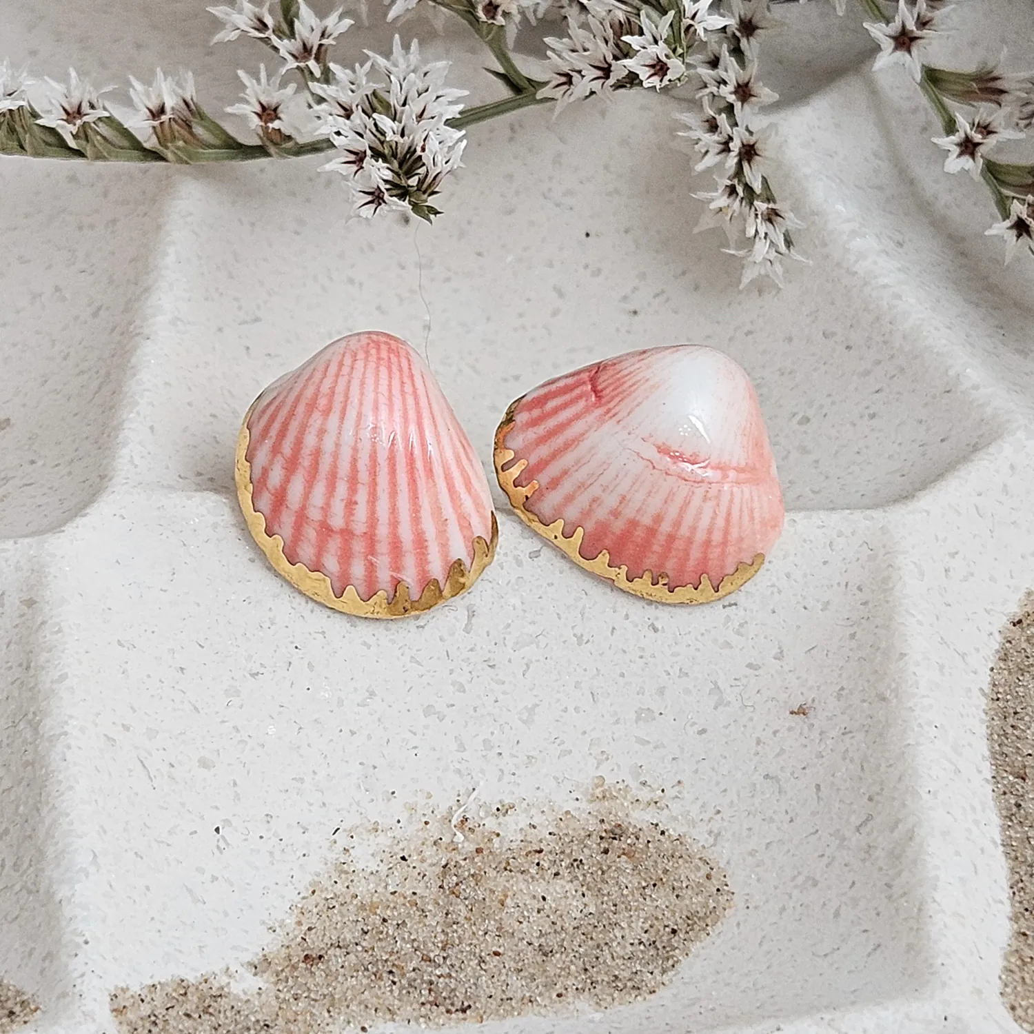 Rose pink fine ceramic porcelain hypoallergenic stud designer earrings for sensitive ears - authentic Mediterranean shell imprints with 22k gold plating