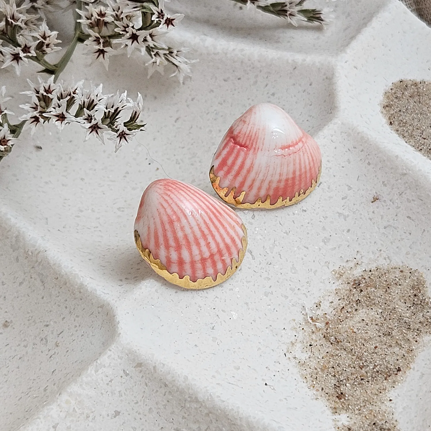 Rose pink fine ceramic porcelain hypoallergenic stud designer earrings for sensitive ears - authentic Mediterranean shell imprints with 22k gold plating - Image 2