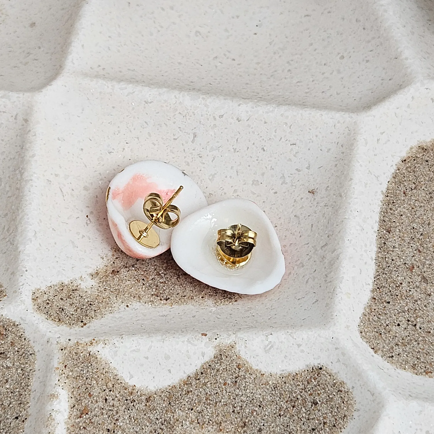 Rose pink fine ceramic porcelain hypoallergenic stud designer earrings for sensitive ears - authentic Mediterranean shell imprints with 22k gold plating - Image 3