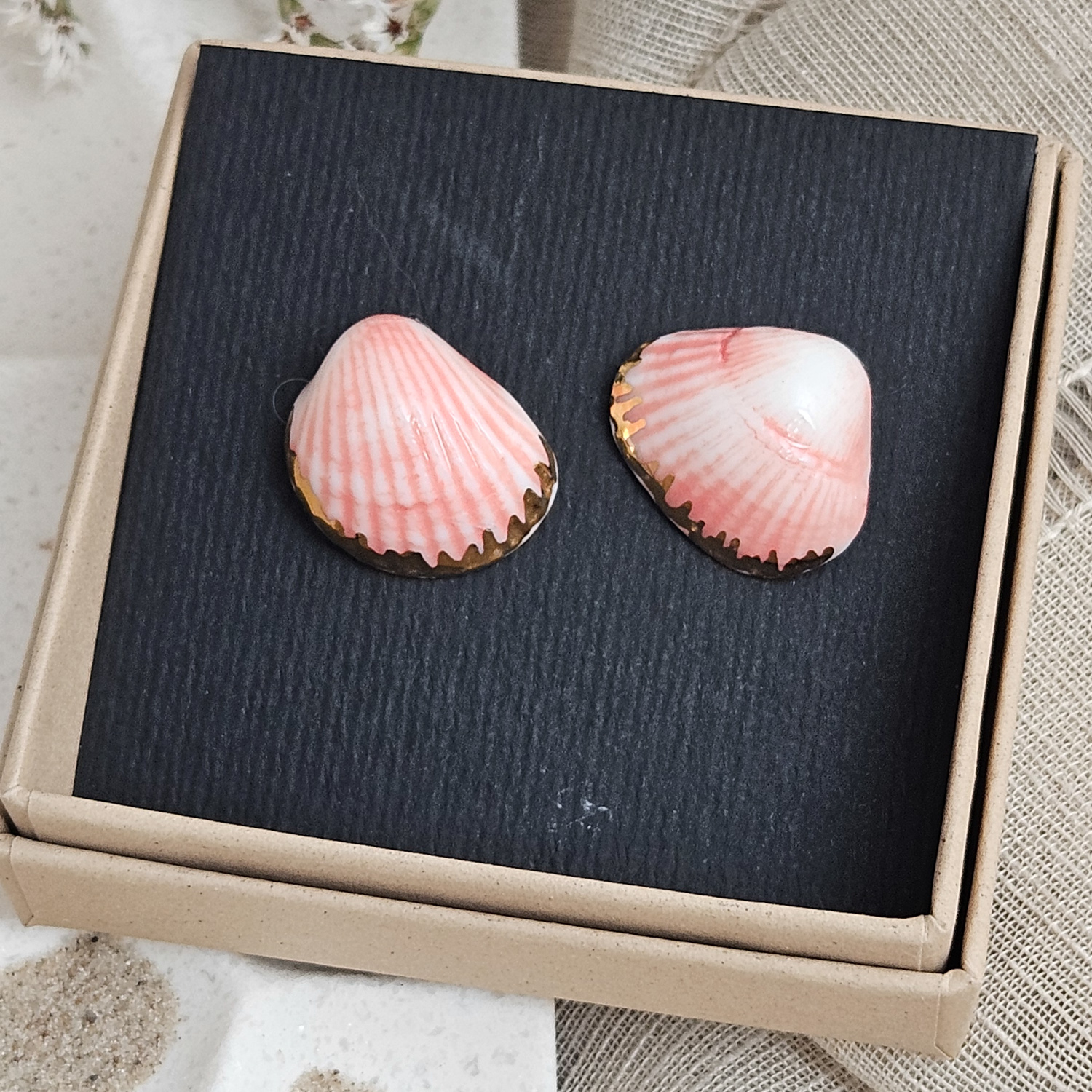Rose pink fine ceramic porcelain hypoallergenic stud designer earrings for sensitive ears - authentic Mediterranean shell imprints with 22k gold plating - obrazek 4