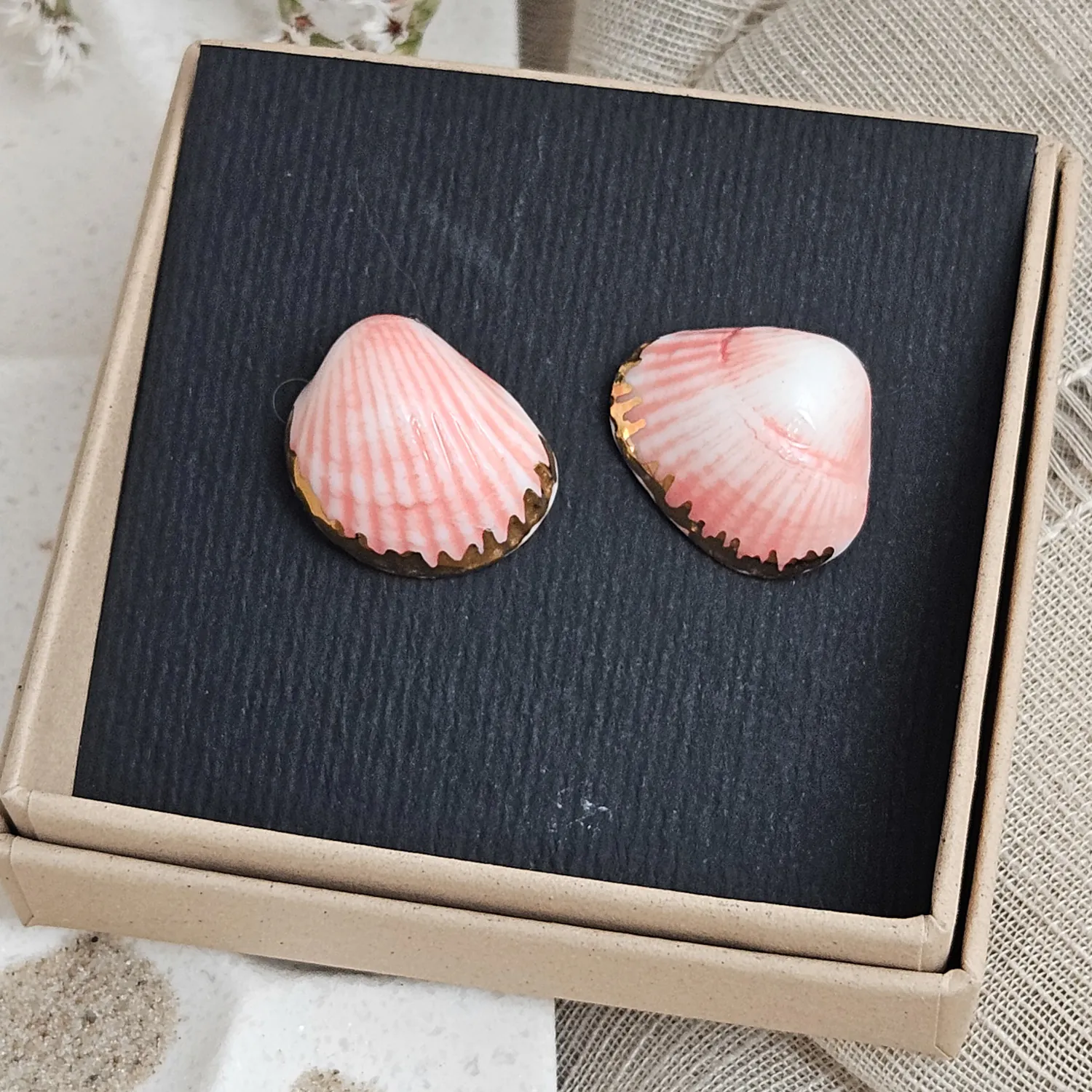 Rose pink fine ceramic porcelain hypoallergenic stud designer earrings for sensitive ears - authentic Mediterranean shell imprints with 22k gold plating - Image 4